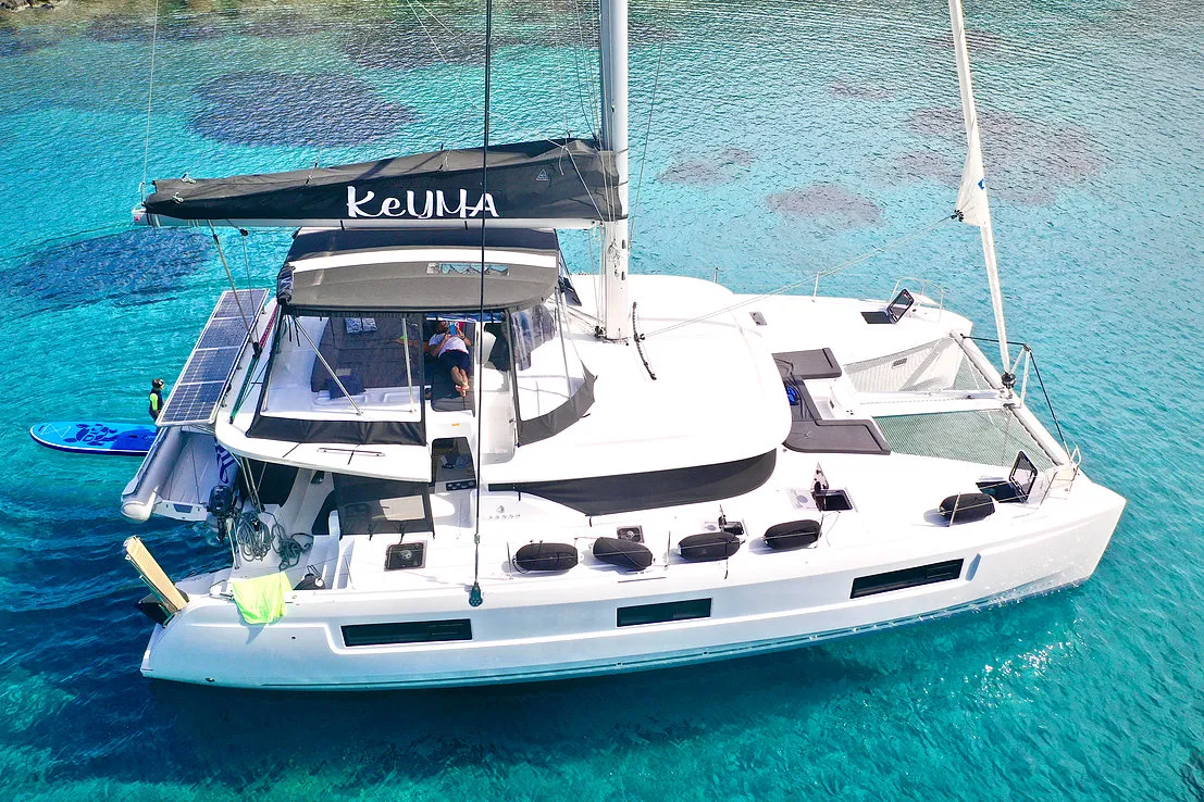 Exterior view of Keyma, a Lagoon 46 catamaran at Agios Stefanos, Greece
