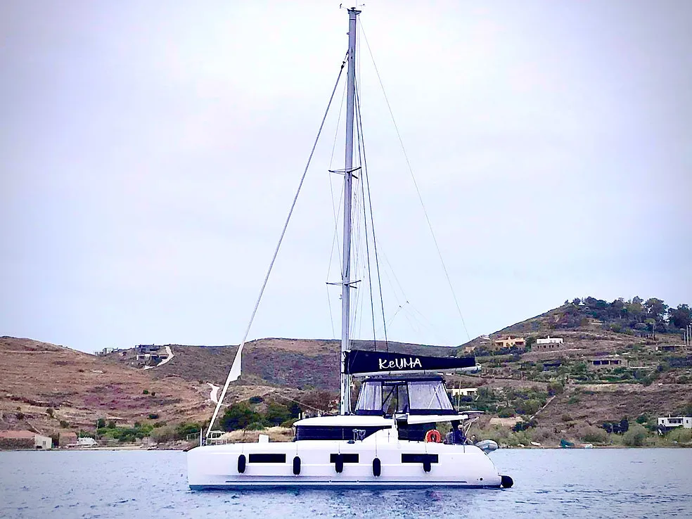 Exterior view of Keyma, a Lagoon 46 catamaran at Agios Stefanos, Greece