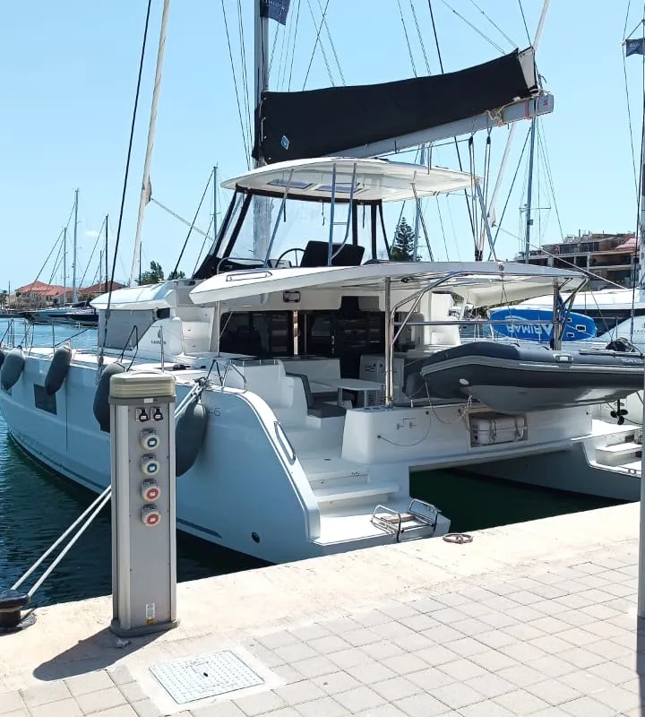 Exterior view of Selene, a Lagoon 46 catamaran at Municipal Unit of Anaktorio, Greece