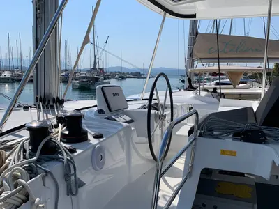 Cockpit of Selene, a Lagoon 46 catamaran at Municipal Unit of Anaktorio, Greece