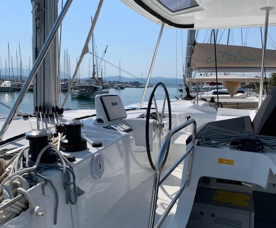 Cockpit of Selene, a Lagoon 46 catamaran at Municipal Unit of Anaktorio, Greece