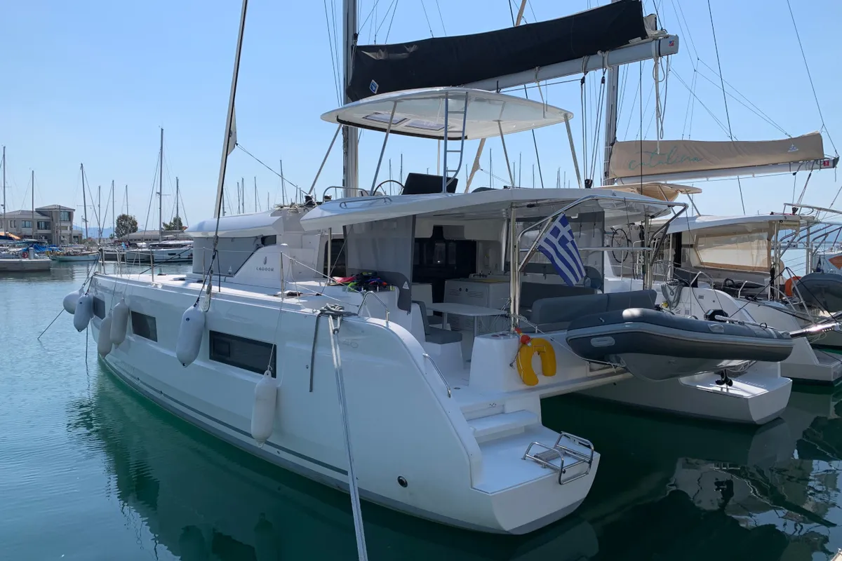 Exterior view of Selene, a Lagoon 46 catamaran at Municipal Unit of Anaktorio, Greece