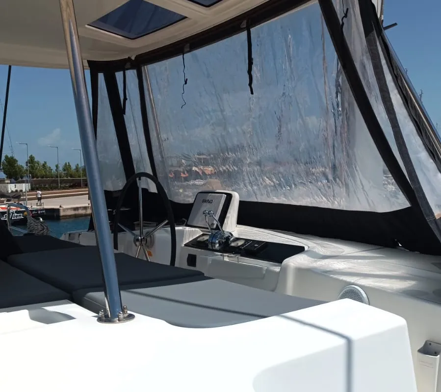 Cockpit of Selene, a Lagoon 46 catamaran at Municipal Unit of Anaktorio, Greece