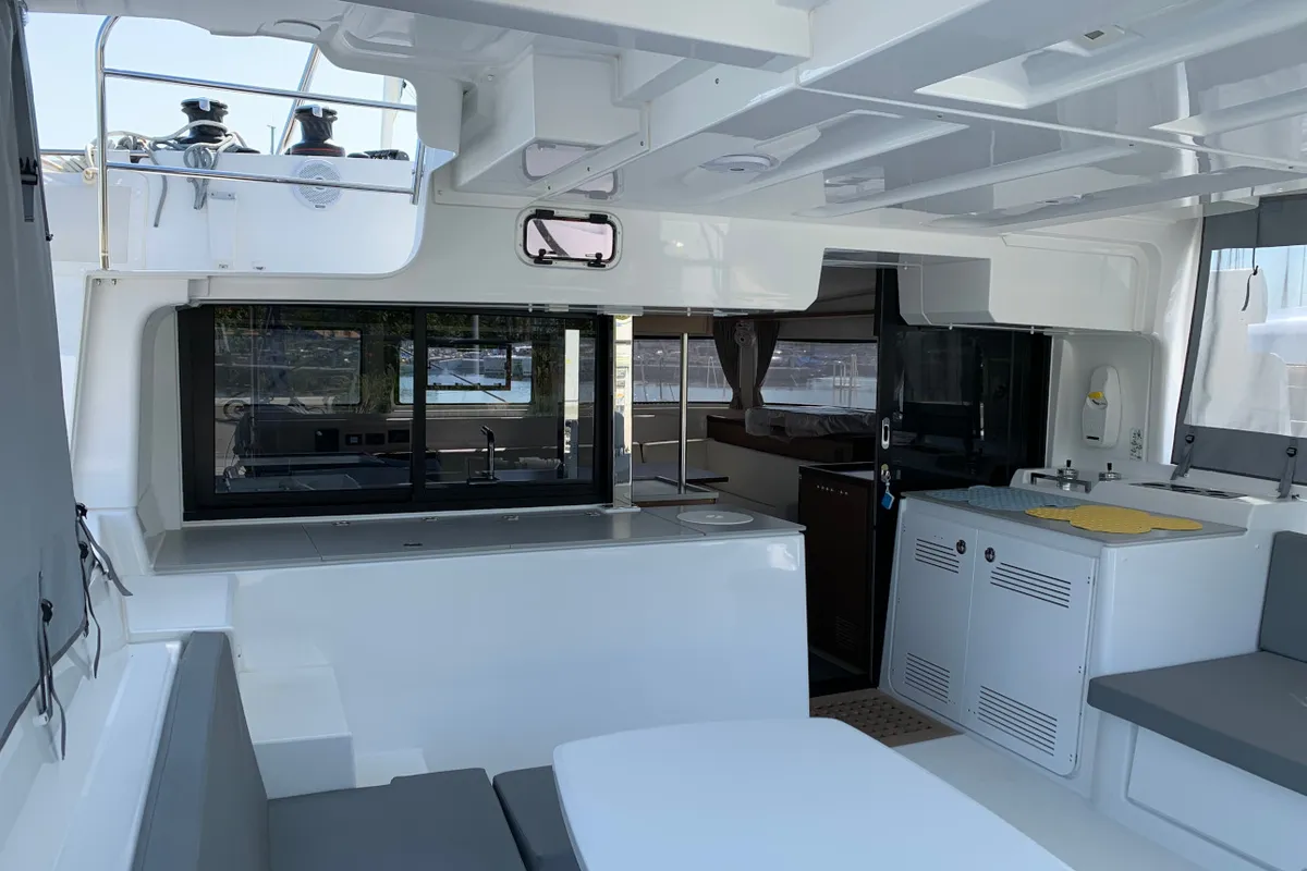 Deck of Selene, a Lagoon 46 catamaran at Municipal Unit of Anaktorio, Greece