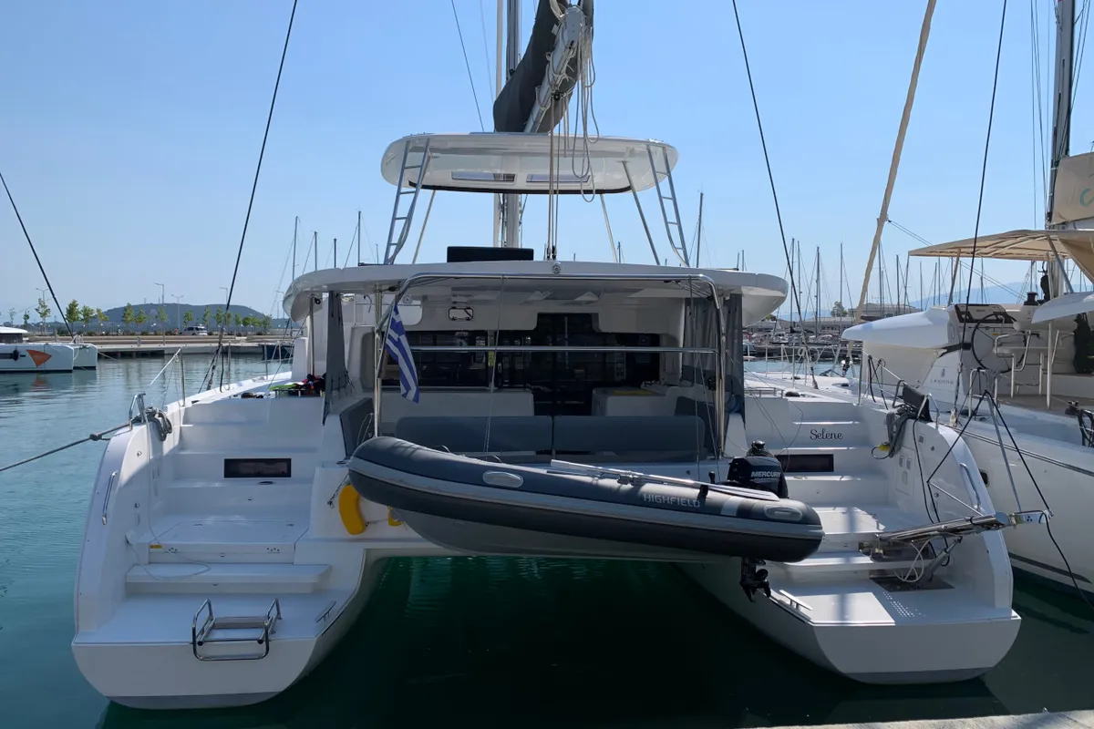 Exterior view of Selene, a Lagoon 46 catamaran at Municipal Unit of Anaktorio, Greece