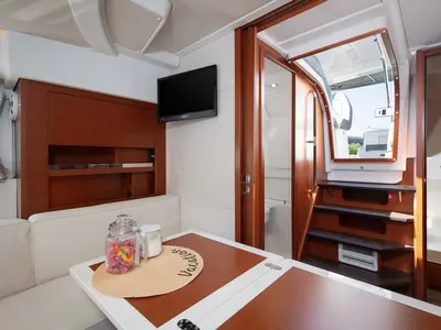 Salon of CHROMIA, a Jeanneau Leader 36 motor yacht at Split, Croatia