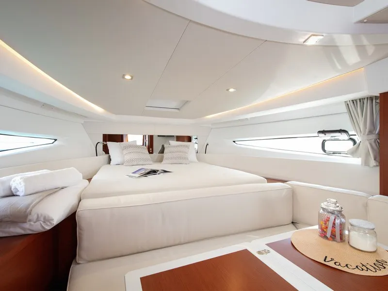 Cabin on CHROMIA, a Jeanneau Leader 36 motor yacht at Split, Croatia