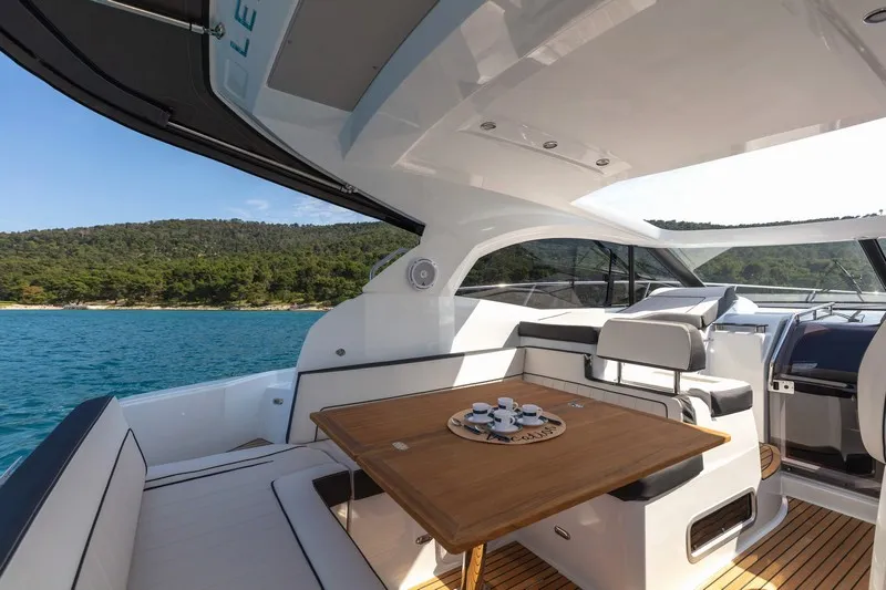 Deck of CHROMIA, a Jeanneau Leader 36 motor yacht at Split, Croatia