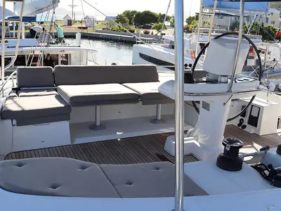 Cockpit of Happy Ours, a Lagoon 52 F catamaran at Parham Town, British Virgin Islands