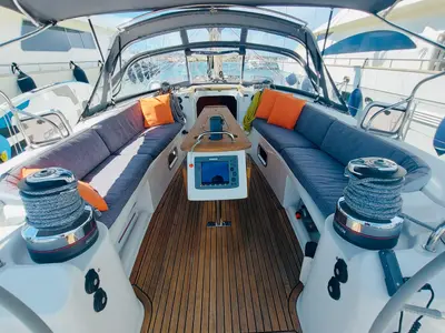Deck of Premium, a Beneteau Oceanis 523 sailboat at Cagliari, Italy
