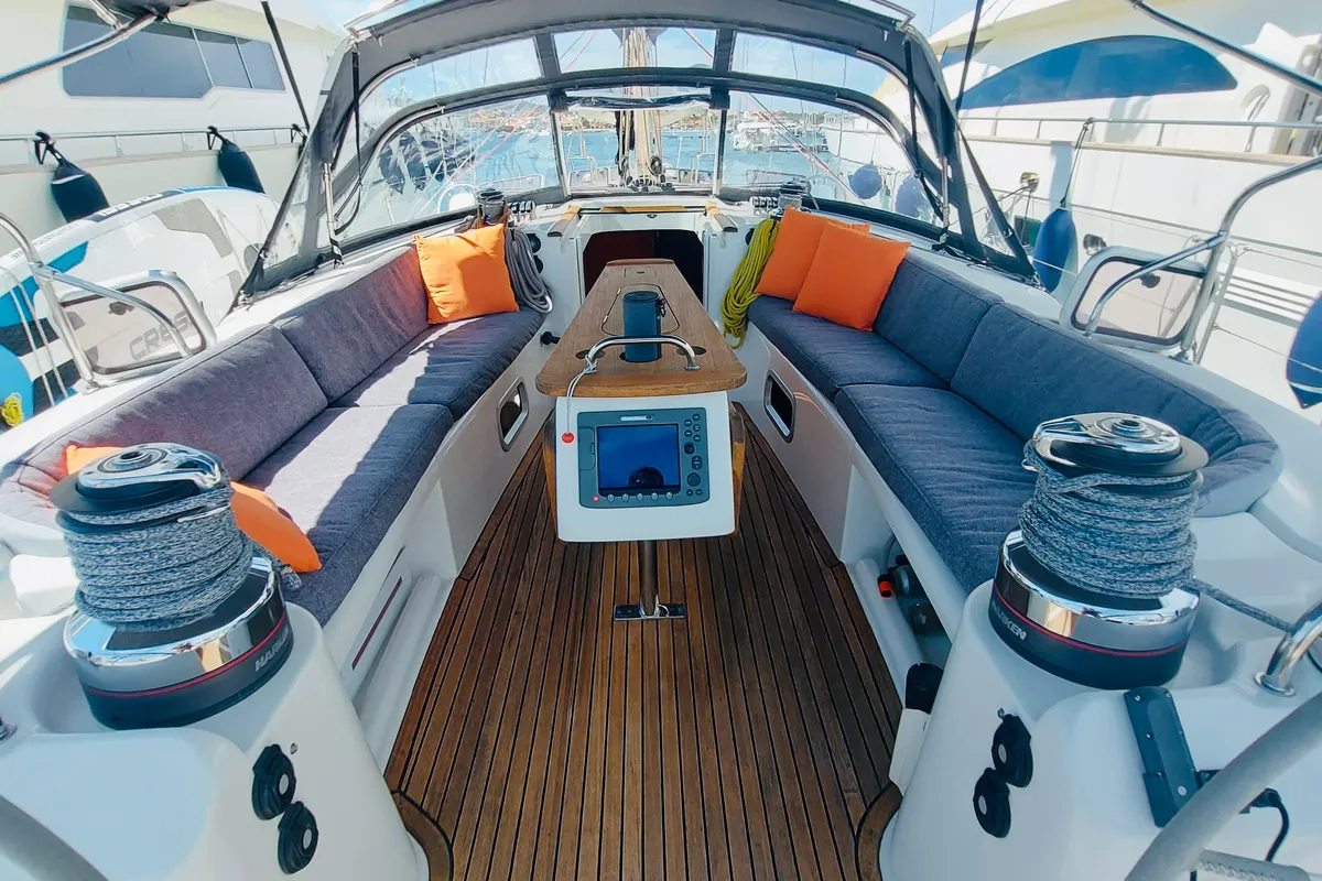 Deck of Premium, a Beneteau Oceanis 523 sailboat at Cagliari, Italy