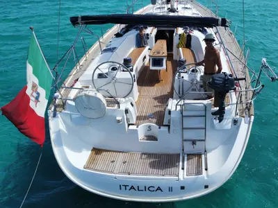 Cockpit of Premium, a Beneteau Oceanis 523 sailboat at Cagliari, Italy