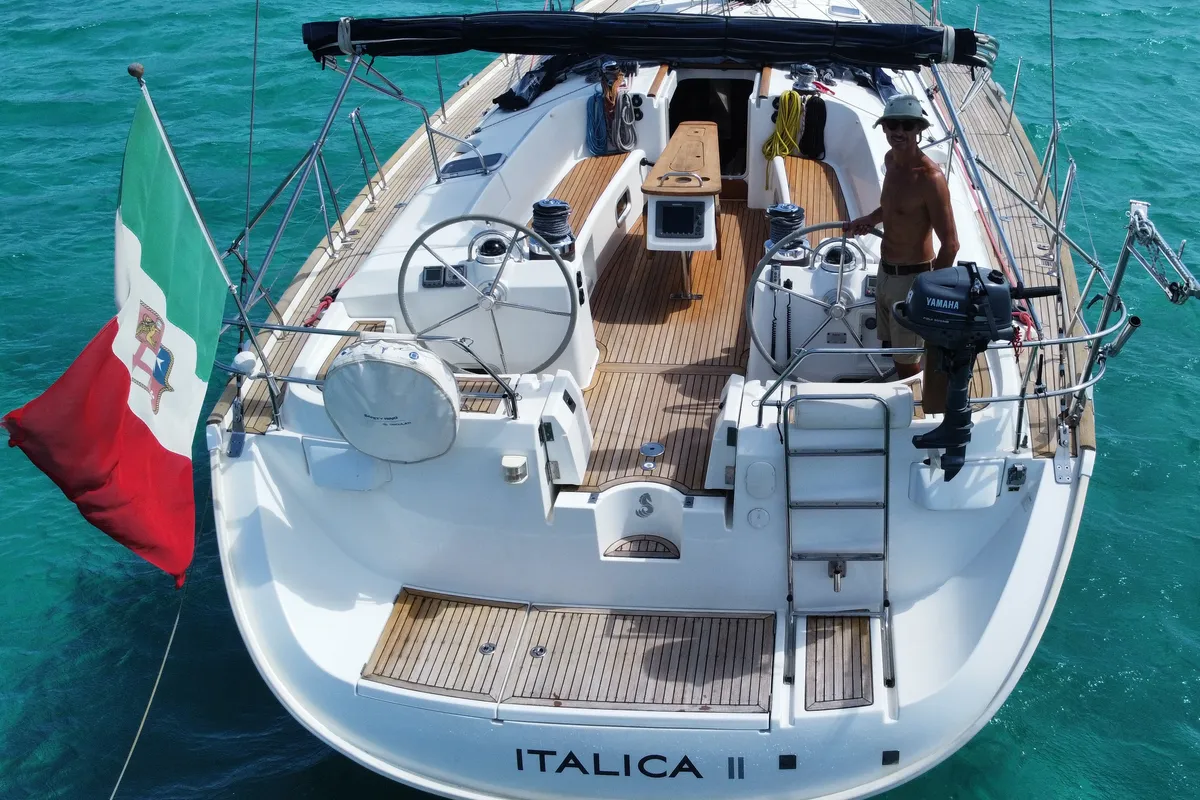 Cockpit of Premium, a Beneteau Oceanis 523 sailboat at Cagliari, Italy