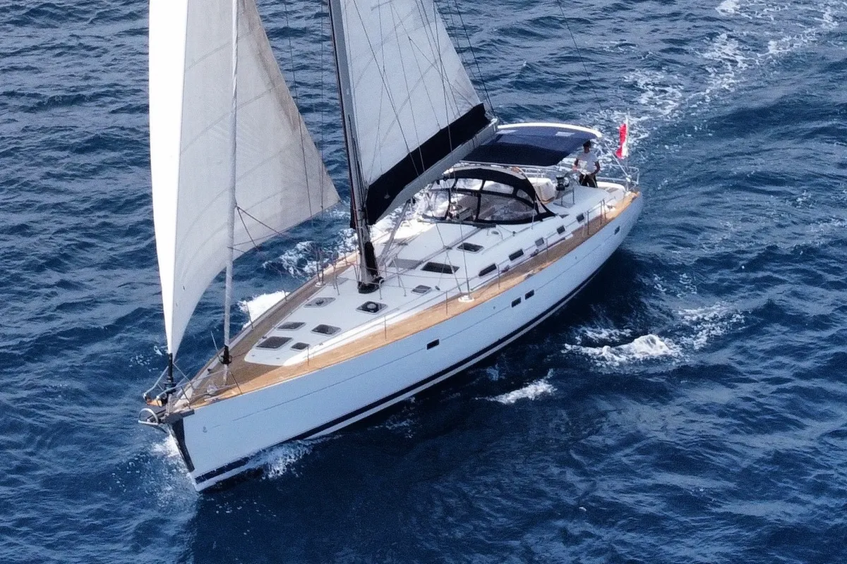 Exterior view of Premium, a Beneteau Oceanis 523 sailboat at Cagliari, Italy