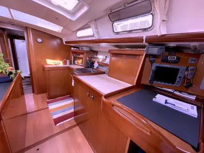 Galley of Premium, a Beneteau Oceanis 523 sailboat at Cagliari, Italy