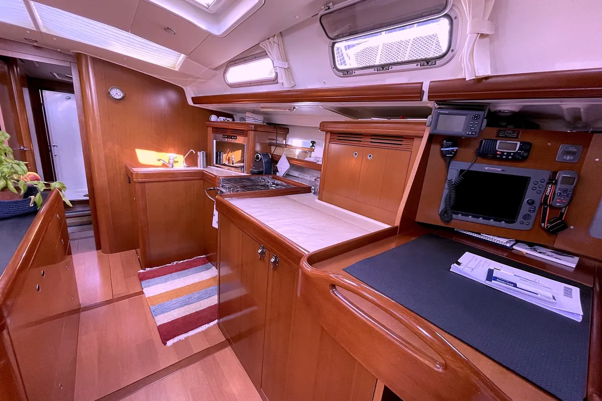 Galley of Premium, a Beneteau Oceanis 523 sailboat at Cagliari, Italy