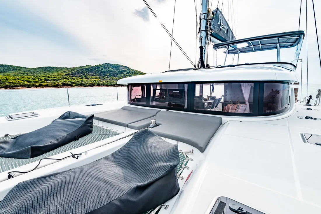 Deck of Beauty L, a Lagoon 42 catamaran at Athens, Greece