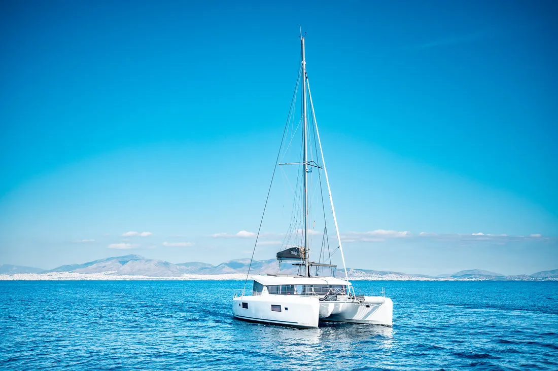 Exterior view of Beauty L, a Lagoon 42 catamaran at Athens, Greece