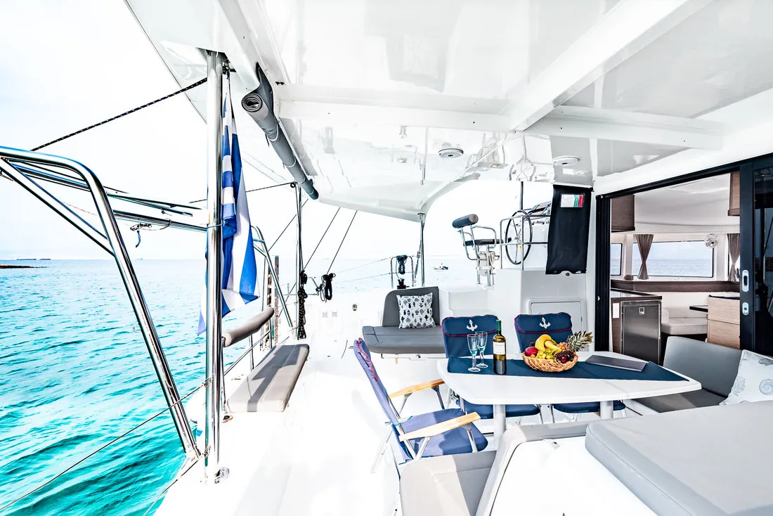 Deck of Beauty L, a Lagoon 42 catamaran at Athens, Greece