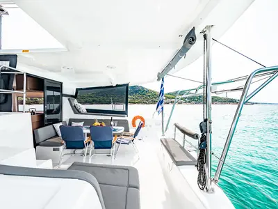 Deck of Beauty L, a Lagoon 42 catamaran at Athens, Greece