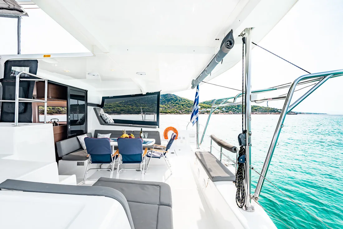Deck of Beauty L, a Lagoon 42 catamaran at Athens, Greece