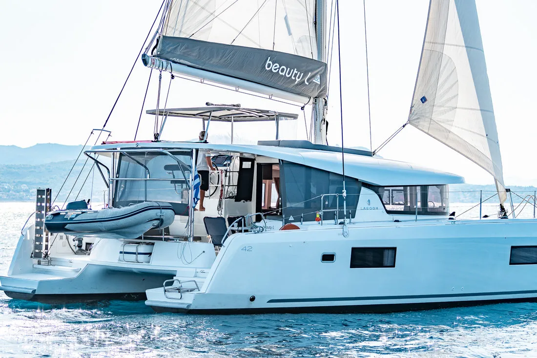 Exterior view of Beauty L, a Lagoon 42 catamaran at Athens, Greece