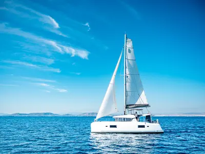 Exterior view of Beauty L, a Lagoon 42 catamaran at Athens, Greece