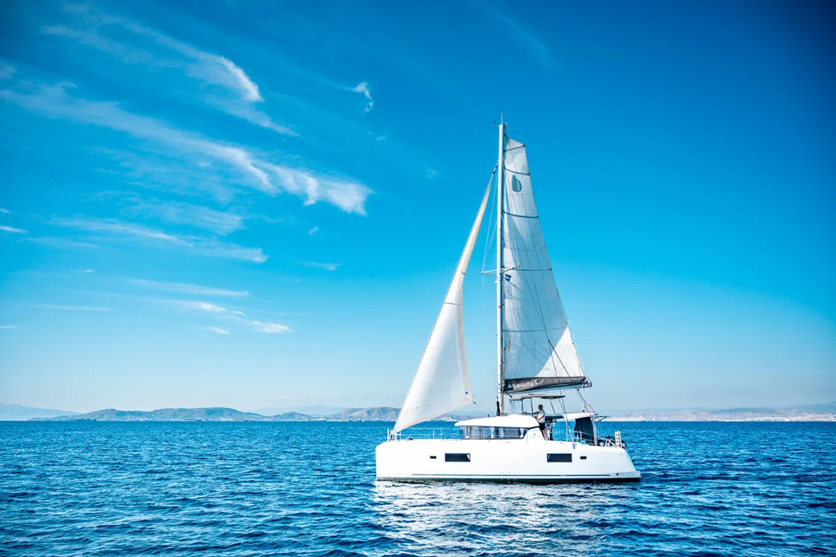 Exterior view of Beauty L, a Lagoon 42 catamaran at Athens, Greece