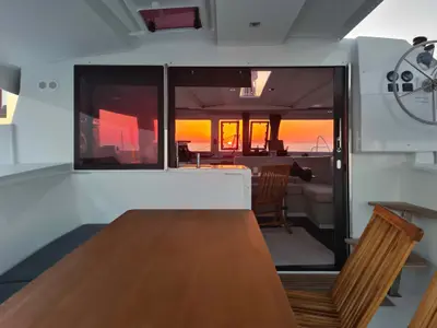 Salon of Lucia 69, a Fountaine Pajot Lucia 40 catamaran at Municipal Unit of Lefkada, Greece