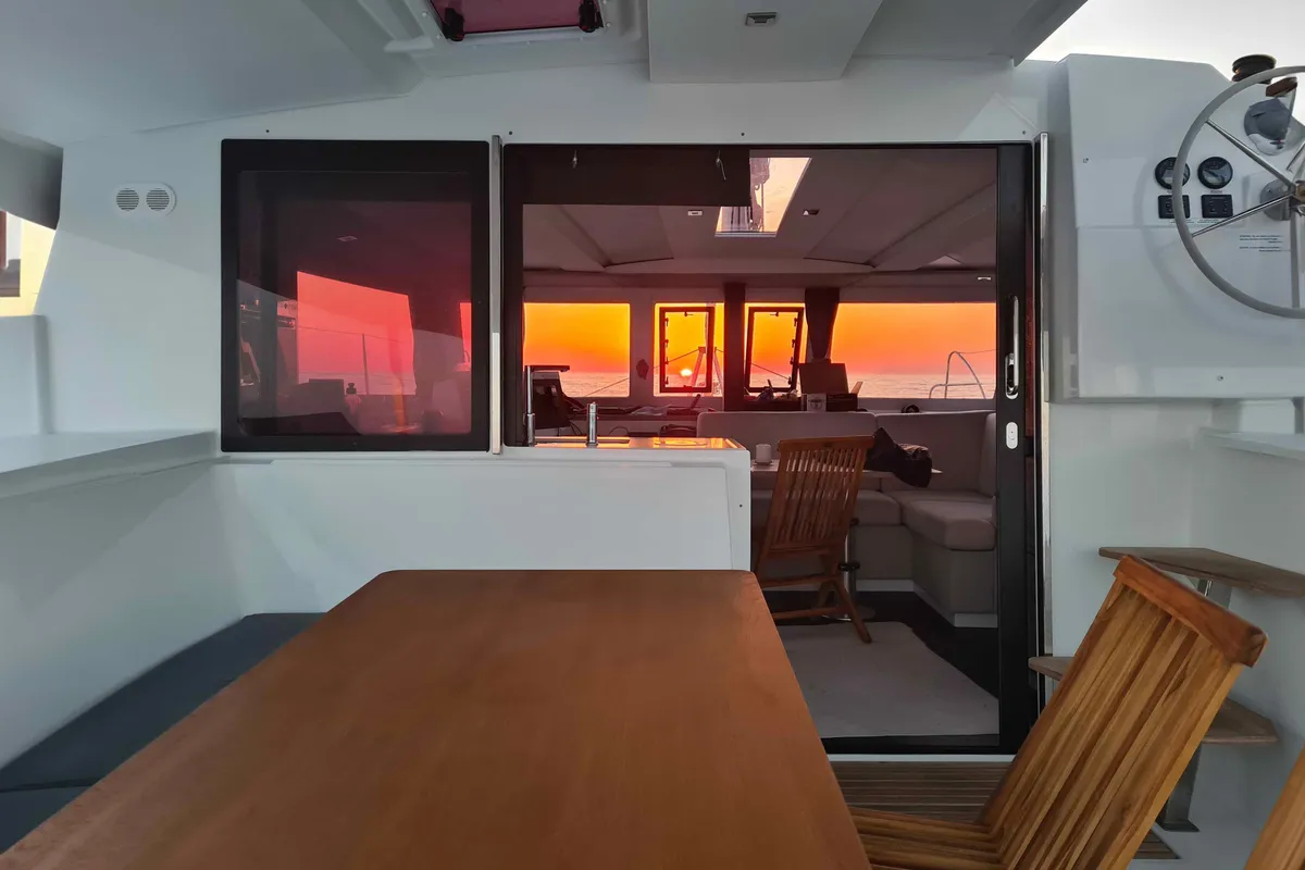Salon of Lucia 69, a Fountaine Pajot Lucia 40 catamaran at Municipal Unit of Lefkada, Greece