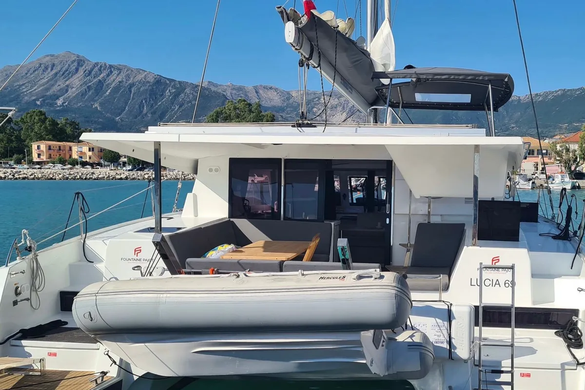 Exterior view of Lucia 69, a Fountaine Pajot Lucia 40 catamaran at Municipal Unit of Lefkada, Greece