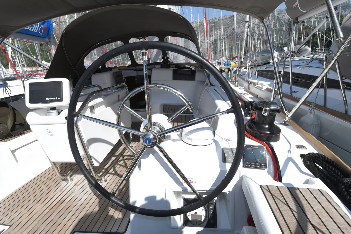 Cockpit of Kiss Kiss, a Jeanneau Sun Odyssey 419 sailboat at Dubrovnik, Croatia