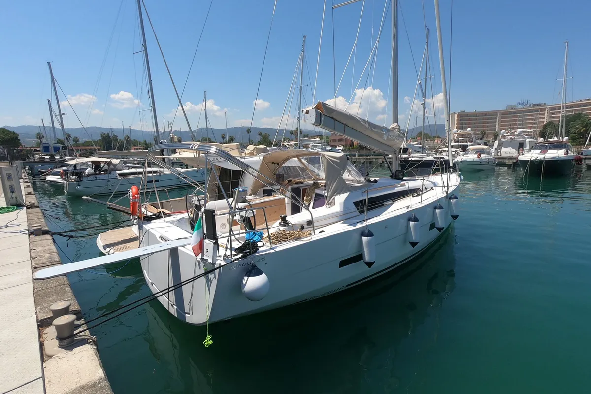 Exterior view of Akira, a Dufour 430 GL sailboat at Tonnarella, Italy