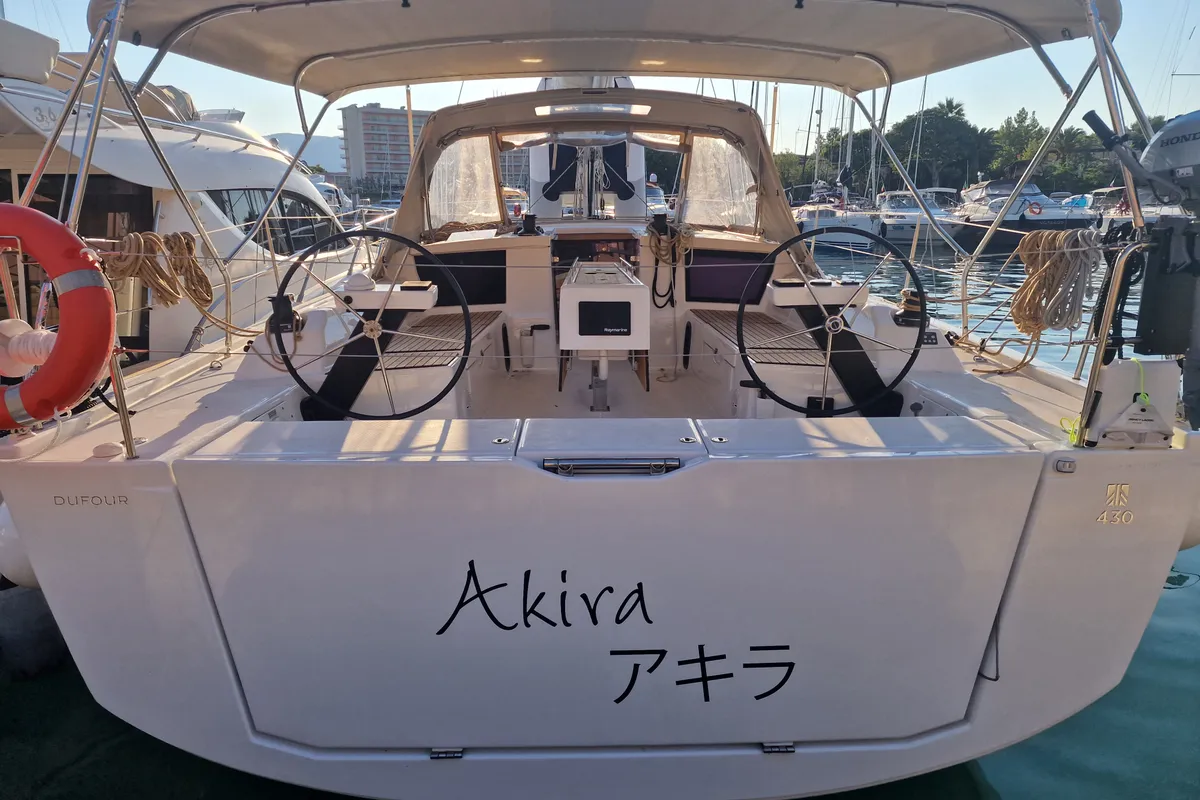 Cockpit of Akira, a Dufour 430 GL sailboat at Tonnarella, Italy