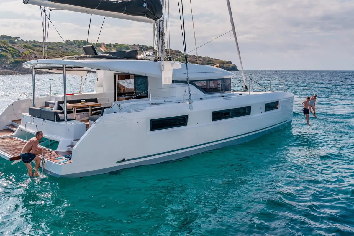 Exterior view of Nauti Cat, a Lagoon 50 catamaran at Kotor, Montenegro