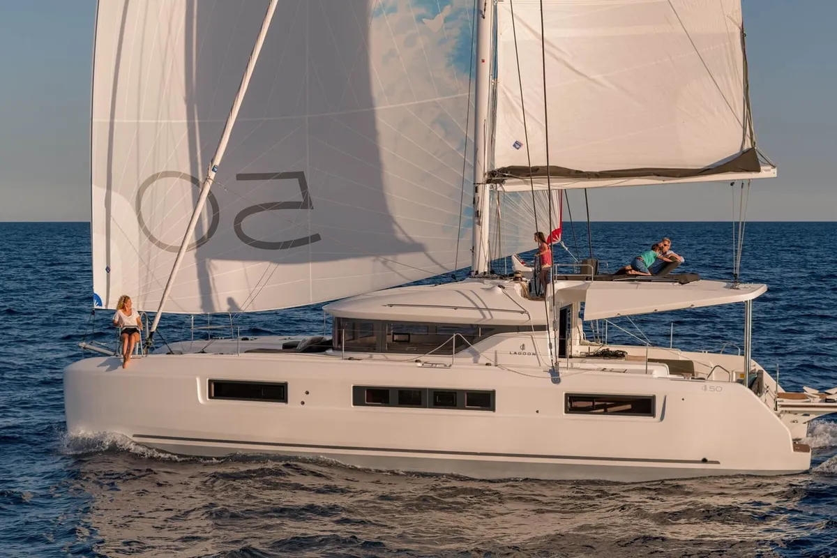 Exterior view of Nauti Cat, a Lagoon 50 catamaran at Kotor, Montenegro