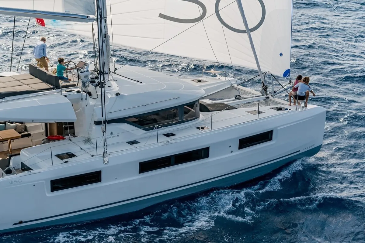 Exterior view of Nauti Cat, a Lagoon 50 catamaran at Kotor, Montenegro