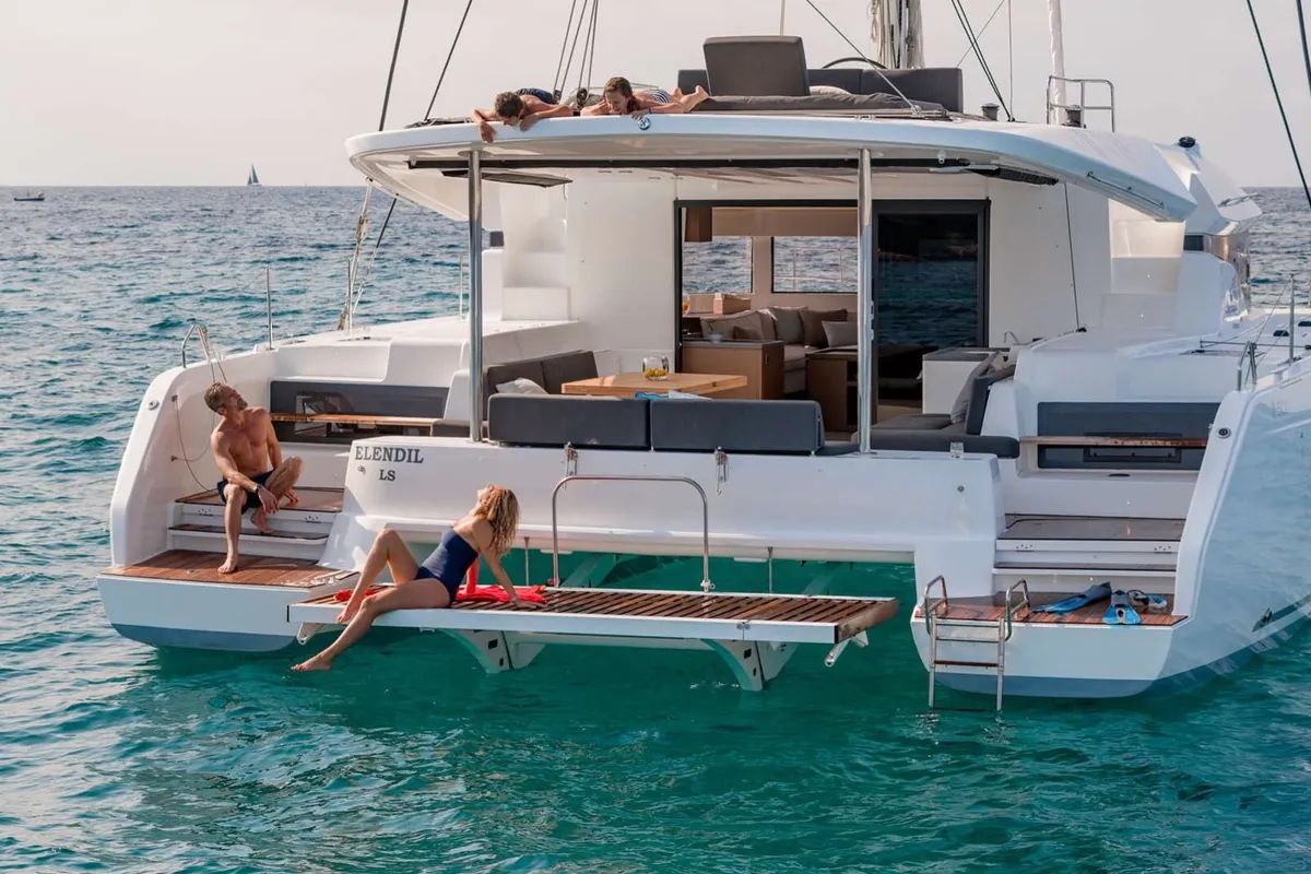 Exterior view of Nauti Cat, a Lagoon 50 catamaran at Kotor, Montenegro