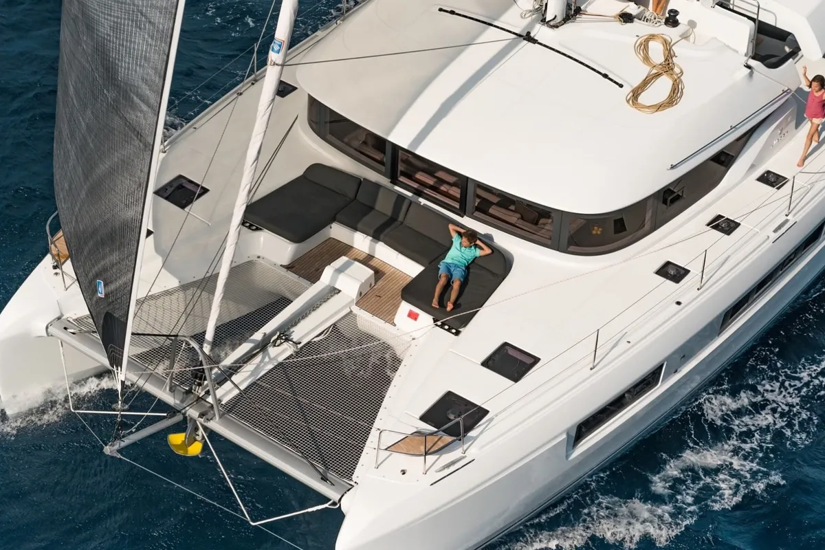 Exterior view of Nauti Cat, a Lagoon 50 catamaran at Kotor, Montenegro