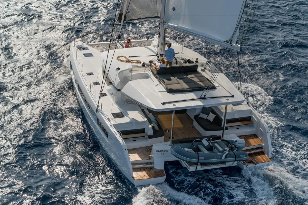 Exterior view of Nauti Cat, a Lagoon 50 catamaran at Kotor, Montenegro