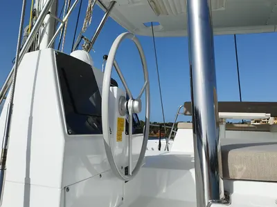 Cockpit of Grampus, a Bali 4.6 catamaran at Olbia, Italy