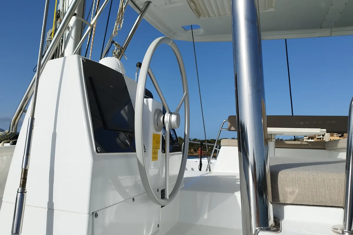 Cockpit of Grampus, a Bali 4.6 catamaran at Olbia, Italy