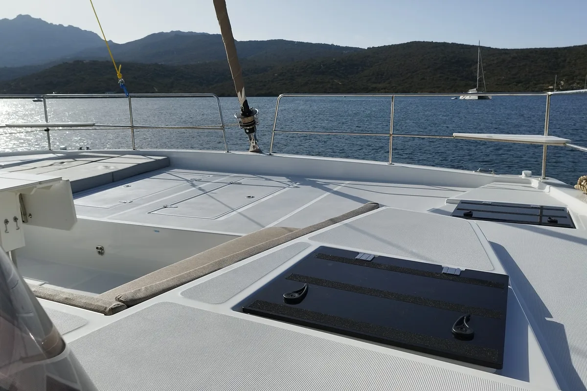 Deck of Grampus, a Bali 4.6 catamaran at Olbia, Italy