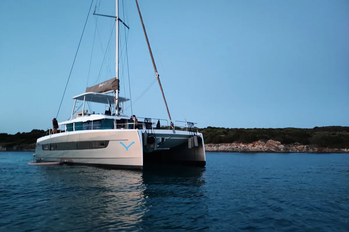 Exterior view of Grampus, a Bali 4.6 catamaran at Olbia, Italy