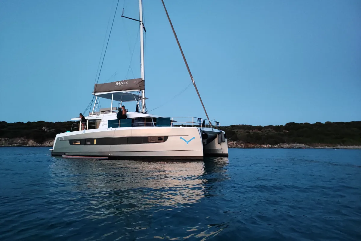 Exterior view of Grampus, a Bali 4.6 catamaran at Olbia, Italy