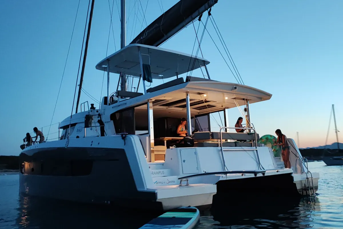 Exterior view of Grampus, a Bali 4.6 catamaran at Olbia, Italy