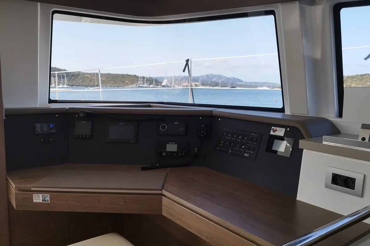 Cockpit of Grampus, a Bali 4.6 catamaran at Olbia, Italy