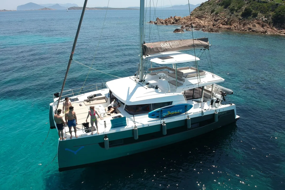 Exterior view of Grampus, a Bali 4.6 catamaran at Olbia, Italy