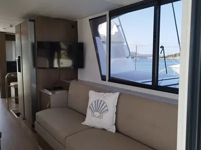 Salon of Grampus, a Bali 4.6 catamaran at Olbia, Italy