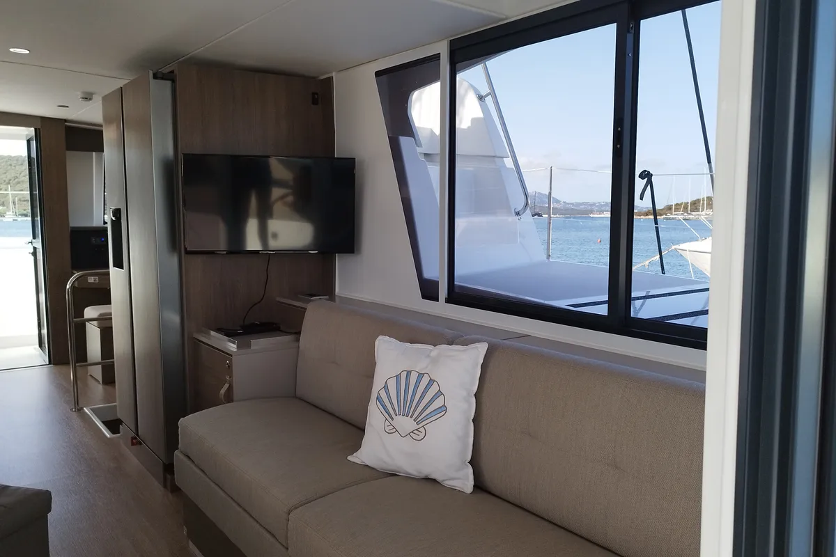 Salon of Grampus, a Bali 4.6 catamaran at Olbia, Italy